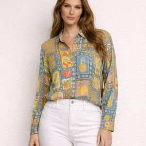 Whimsical Patchwork  Mosaic Print Shirt XL